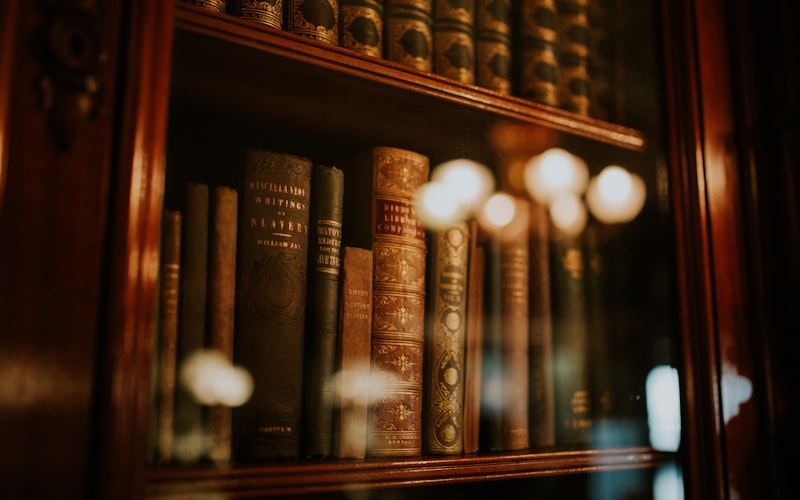 Antique leather bound law books behind glass on a shelf