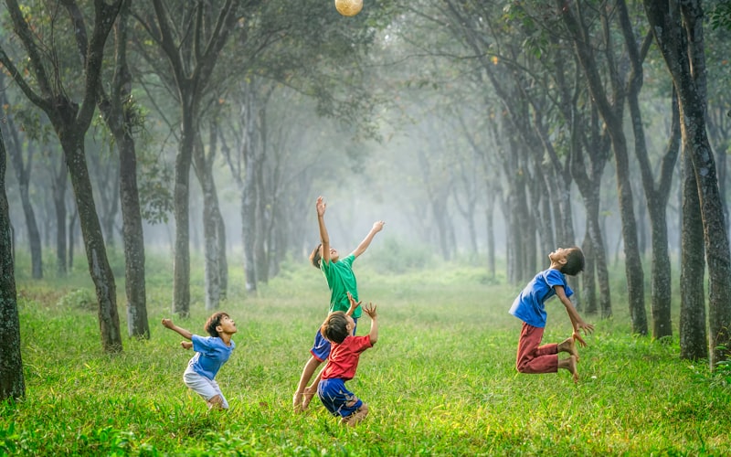 Children playing in a green park in soft morning light