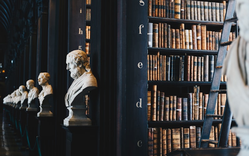 Rows of leather bound books and marble busts in a historic library
