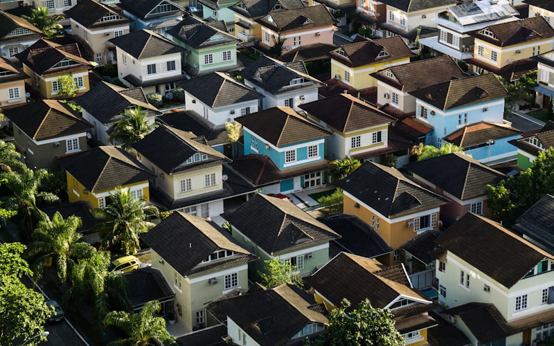 An aerial view of suburban houses in afternoon light