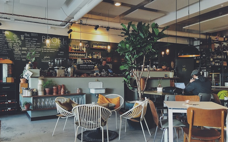 A warmly lit café interior with timber furniture and plants
