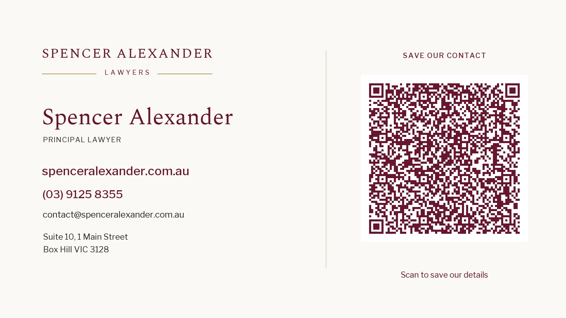 Spencer Alexander Lawyers contact details with a QR code you can scan to save them